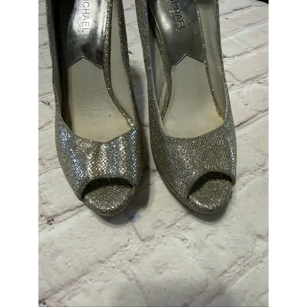 Michael Kors Size 8.5 York Platform Peep Toe Heels Silver Glitter Metallic Glam